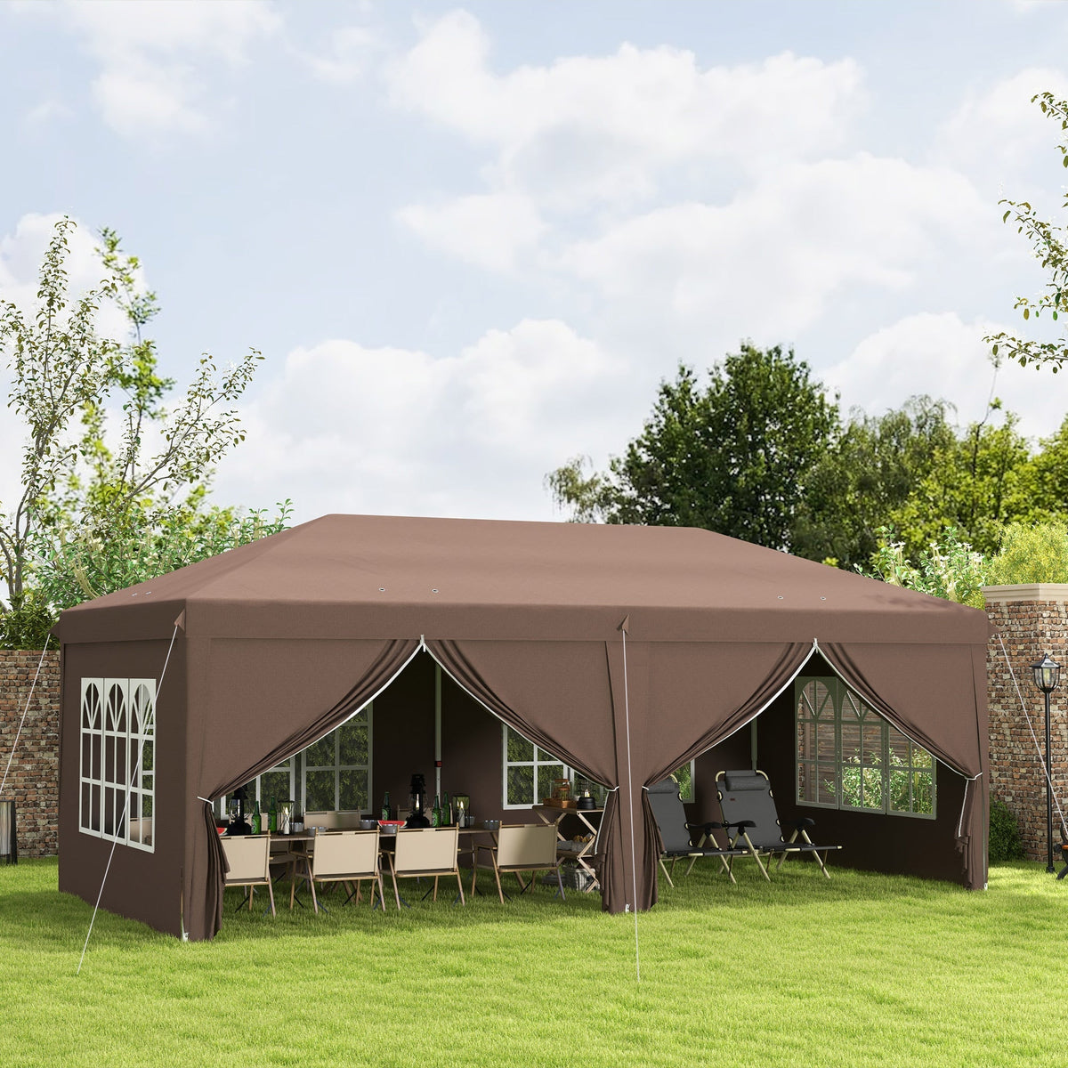 3 x 6m Garden Pop Up Gazebo, Wedding Party Tent with Sidewalls, Windows, Carry Bag, Brown