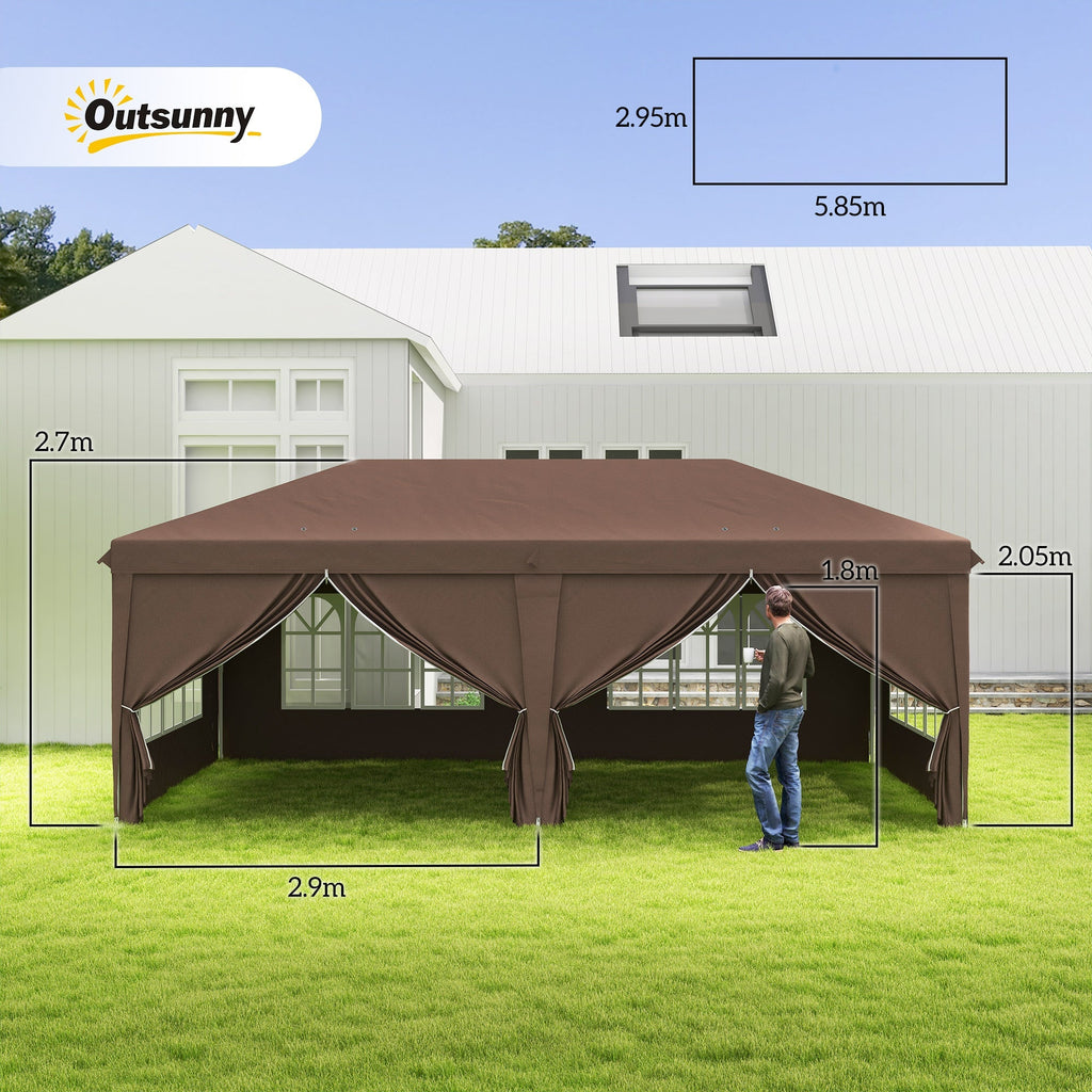 3 x 6m Garden Pop Up Gazebo, Wedding Party Tent with Sidewalls, Windows, Carry Bag, Brown