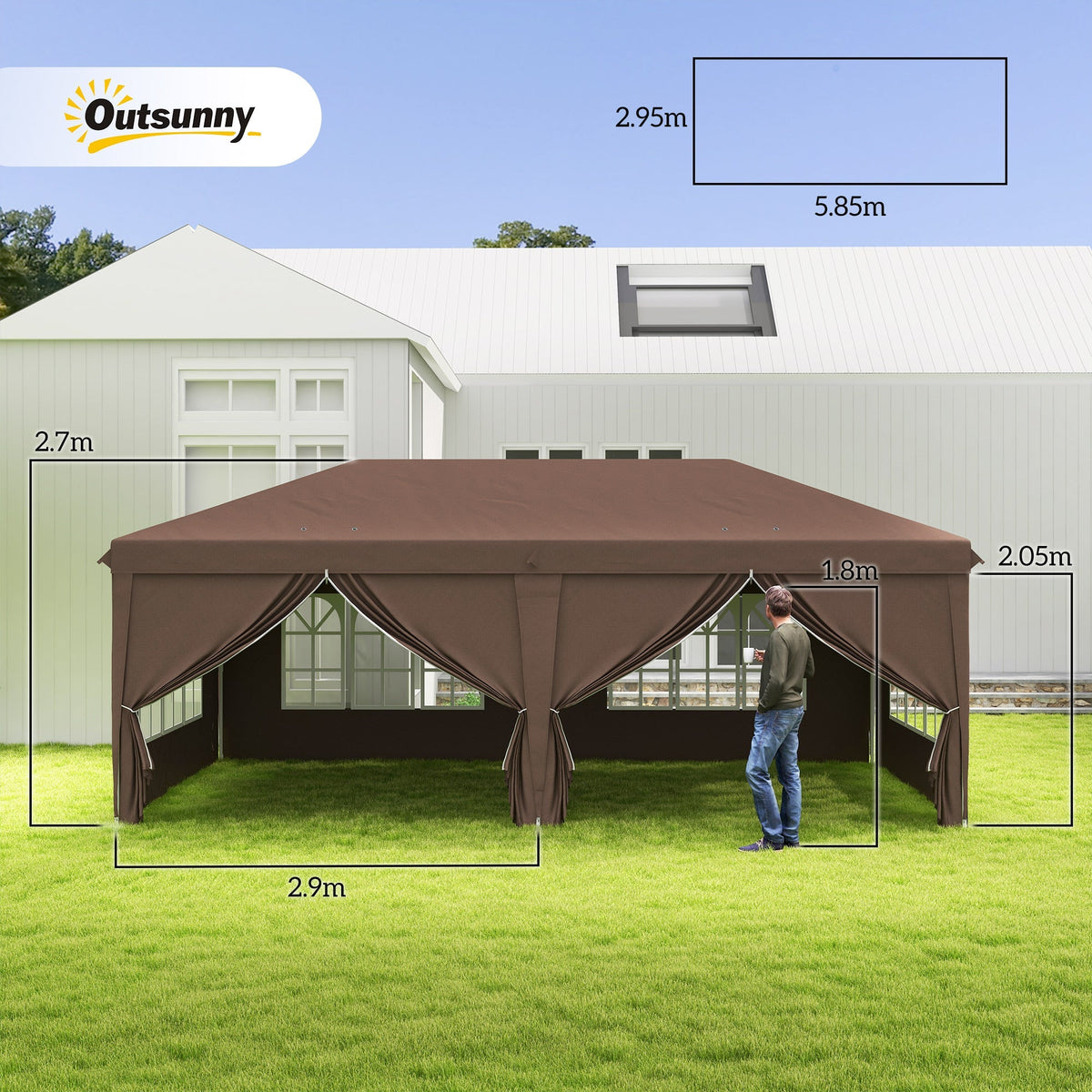 3 x 6m Garden Pop Up Gazebo, Wedding Party Tent with Sidewalls, Windows, Carry Bag, Brown