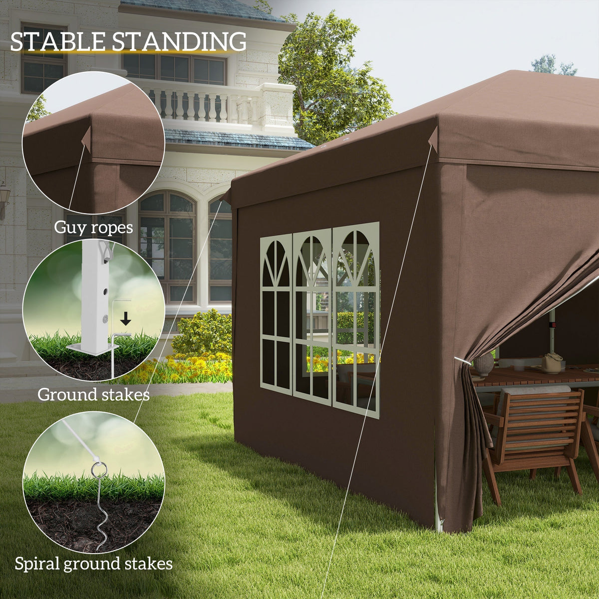 3 x 6m Garden Pop Up Gazebo, Wedding Party Tent with Sidewalls, Windows, Carry Bag, Brown