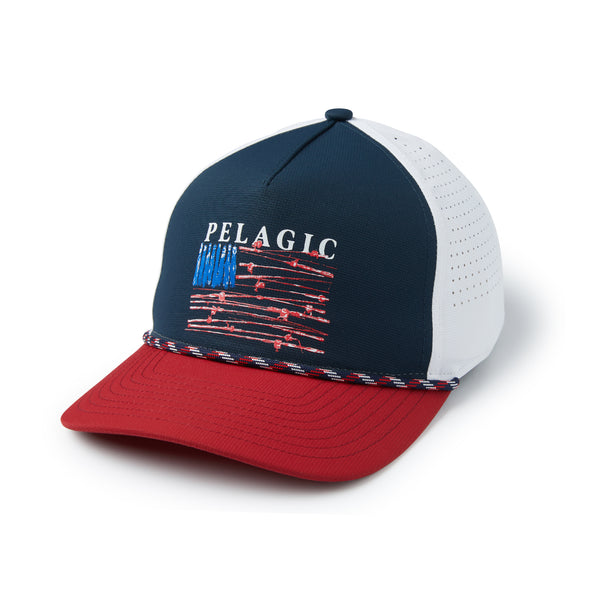 Pelagic Upswell Reel Flag Mid Crown Trucker Hat - Dogfish Tackle & Marine
