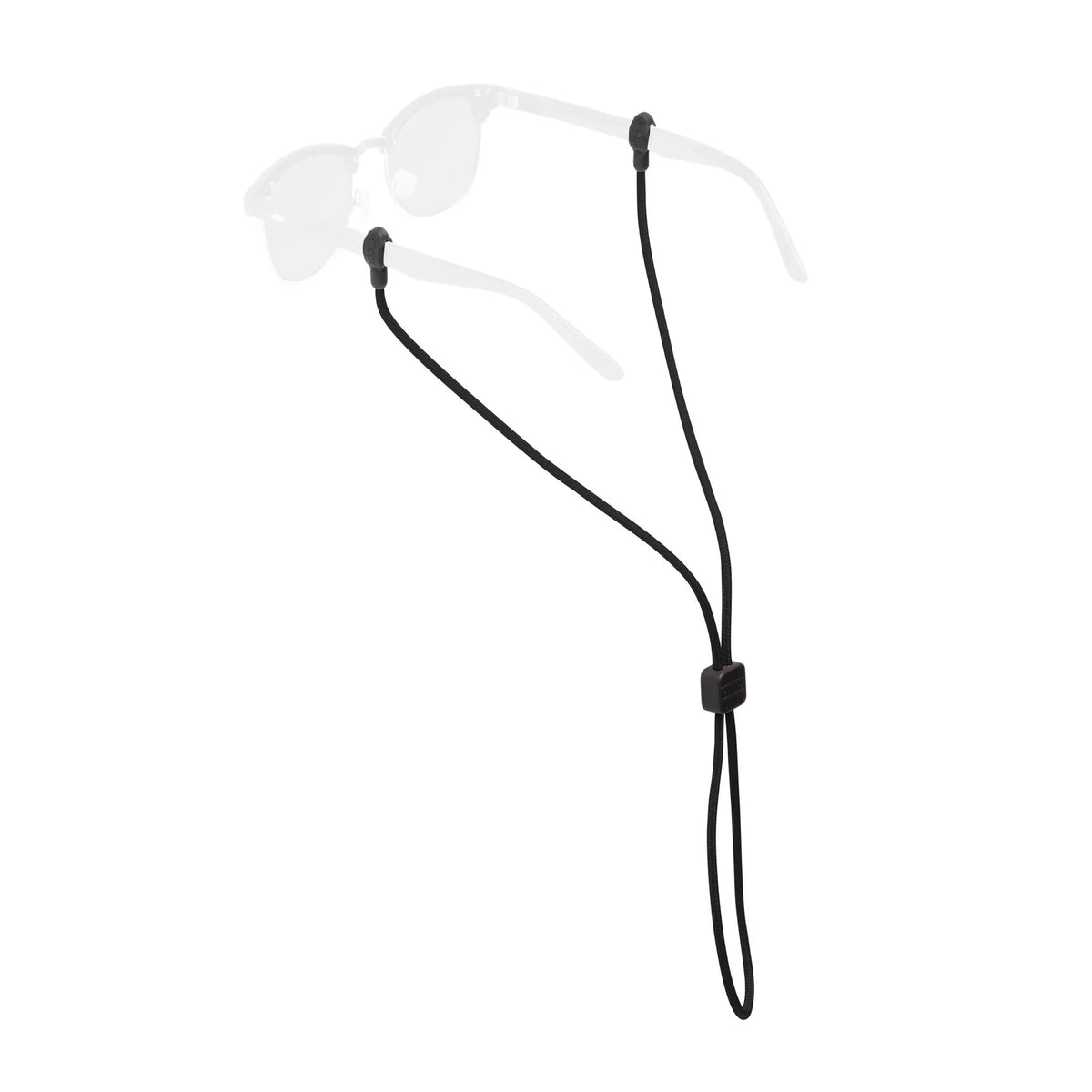Chums Slip Fit Sunglasses Retainer in black, shown attached to a pair of sunglasses, designed to securely hold eyewear during fishing or outdoor activities.