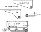Part Number: 123  Amesbury Truth Casement Sash Bracket Old Style Sash Bracket Clip On Type (no set ring) For: Split Arm Operator Known Part Number Stamped On Left Hand L 07868. CAD Drawing with dimensions. Showing old style sash bracket vs. the current style. Left Hand shown.