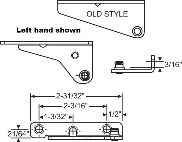 Part Number: 123  Amesbury Truth Casement Sash Bracket Old Style Sash Bracket Clip On Type (no set ring) For: Split Arm Operator Known Part Number Stamped On Left Hand L 07868. CAD Drawing with dimensions. Showing old style sash bracket vs. the current style. Left Hand shown.