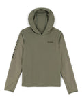 Simms Solar Tech Hoody - Kid's in olive green with long sleeves, thumb holes, and a hood, designed for sun protection during fishing and outdoor activities.