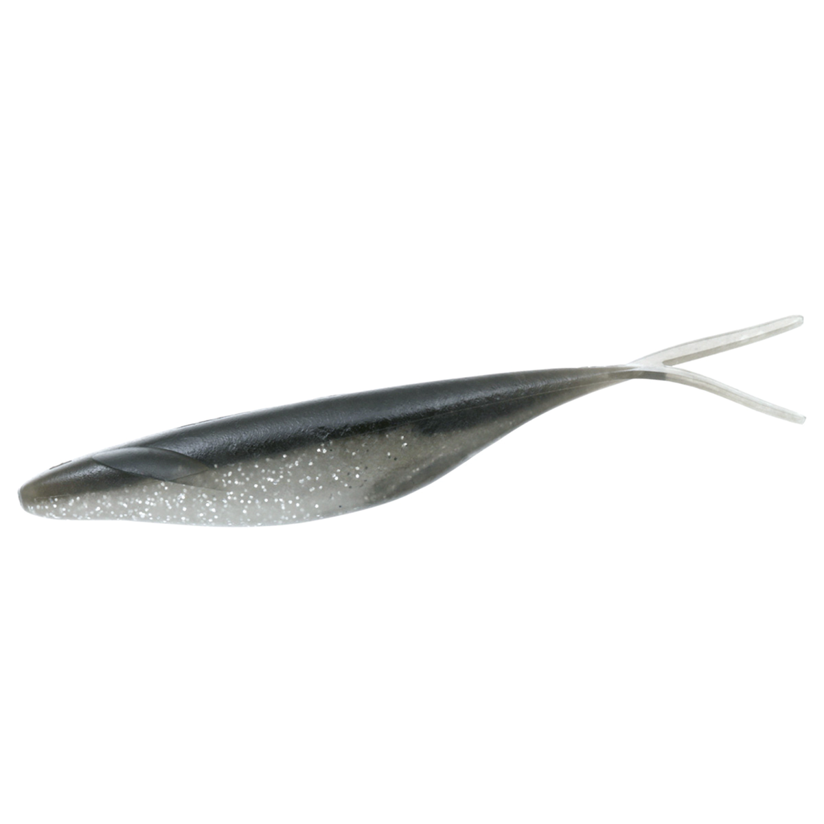Deps Sakamata Shad 7" soft plastic minnow lure in black and silver with glitter and a split tail for bass fishing tackle