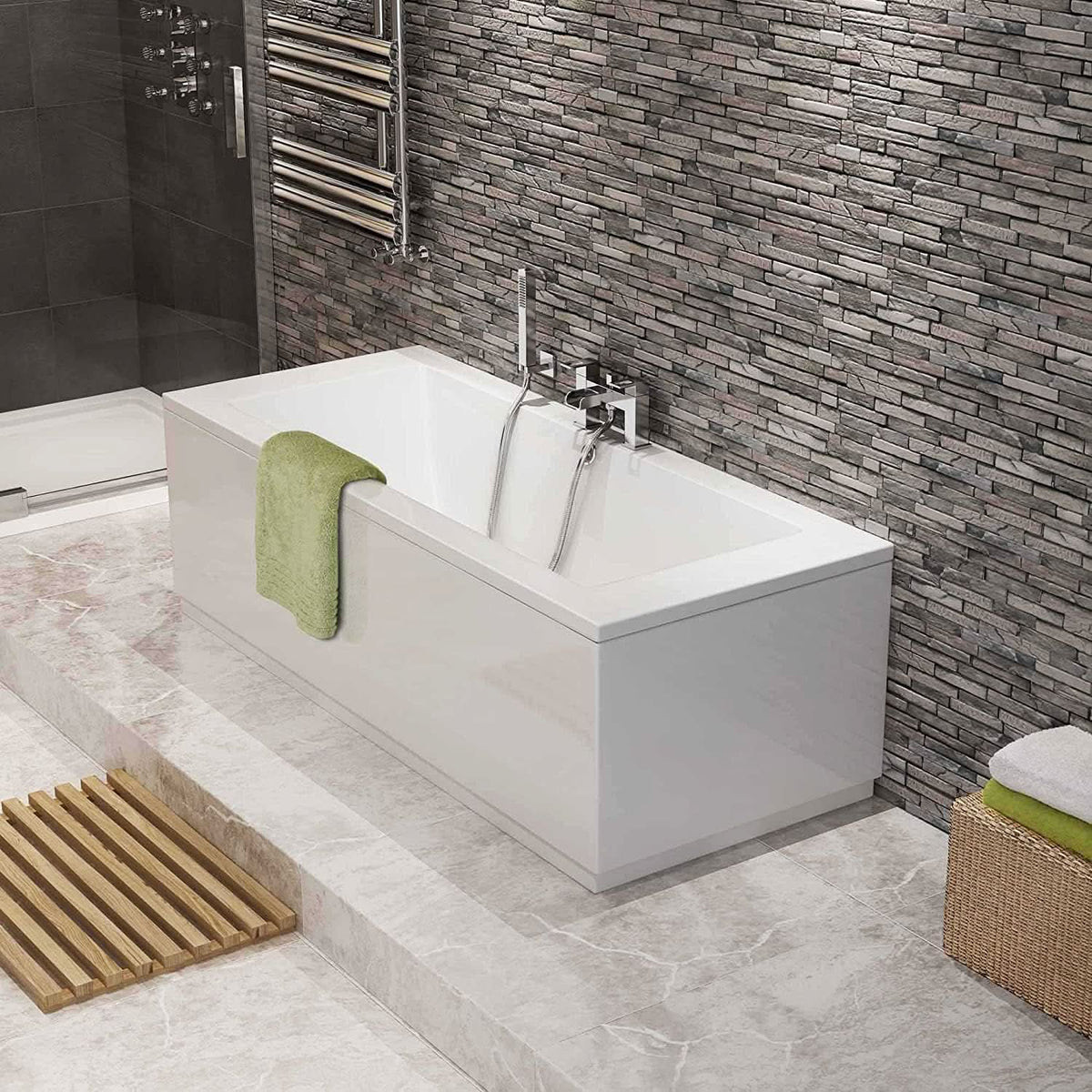 iBathUK Strava Double Ended Rectangular Acrylic Bathtub with Adjustable Feet, Modern White Gloss Bathroom Tub,1700 x 700mm