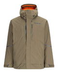Simms Challenger Insulated Jacket in muted tan with high collar and adjustable hood, featuring zippered chest and side pockets, designed for cold weather fishing and outdoor activities.