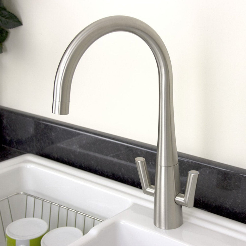 Astini Cosmopolitan Twin Lever Kitchen Sink Mixer Tap with Brushed Steel and Chrome Finish