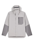 Simms Men's Challenger Rain Jacket in light gray with darker gray accents, featuring a front zipper, adjustable hood, chest pocket with zipper, and Velcro wrist closures for fishing and outdoor protection.