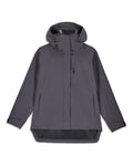 Simms W's Challenger Rain Jacket in dark gray with a hood, front zipper, chest pocket, and adjustable cuffs designed for outdoor fishing and rainy conditions.