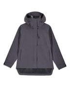 Simms W's Challenger Rain Jacket in dark gray with a hood, front zipper, chest pocket, and adjustable cuffs designed for outdoor fishing and rainy conditions.