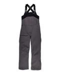 Simms W's Challenger Rain Bib designed for fishing, featuring adjustable black shoulder straps, durable gray waterproof fabric, multiple pockets, and reinforced knees for outdoor use.