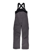 Simms W's Challenger Rain Bib designed for fishing, featuring adjustable black shoulder straps, durable gray waterproof fabric, multiple pockets, and reinforced knees for outdoor use.