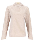 Simms Women's SolarFlex Hoody in light beige with subtle abstract swirl pattern, featuring long sleeves, thumb holes, and a fitted hood for sun protection and comfort.