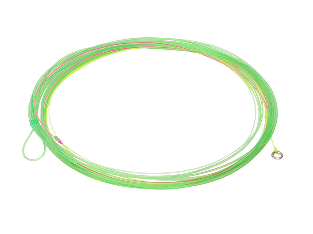 Coiled bright green Rio Euro Nymph leader fishing tackle with looped end and metal attachment, designed for precision fly fishing in freshwater environments.