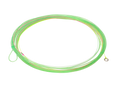 Coiled bright green Rio Euro Nymph leader fishing tackle with looped end and metal attachment, designed for precision fly fishing in freshwater environments.