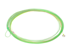 Coiled bright green Rio Euro Nymph leader fishing tackle with looped end and metal attachment, designed for precision fly fishing in freshwater environments.