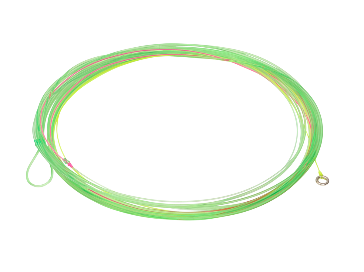 Coiled bright green Rio Euro Nymph leader fishing tackle with looped end and metal attachment, designed for precision fly fishing in freshwater environments.