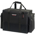 Black soft-sided fishing tackle bag with zippered compartments and side pockets, featuring sturdy handles and the Lakewood Musky Boxes - Medium label on the front panel.