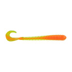 Berkley PowerBait Rib Worm fishing lure in bright orange and chartreuse colors, featuring a ribbed body and curly tail designed for effective movement in freshwater fishing.