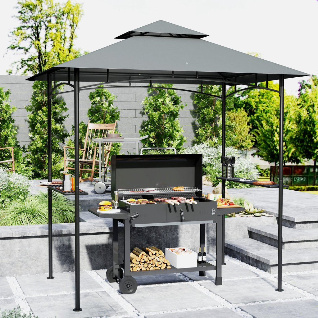 8' x 5' Grill Gazebo Canopy with LED Lights, 2 Side Shelves, Basket & Hooks for Picnic, Dark Grey