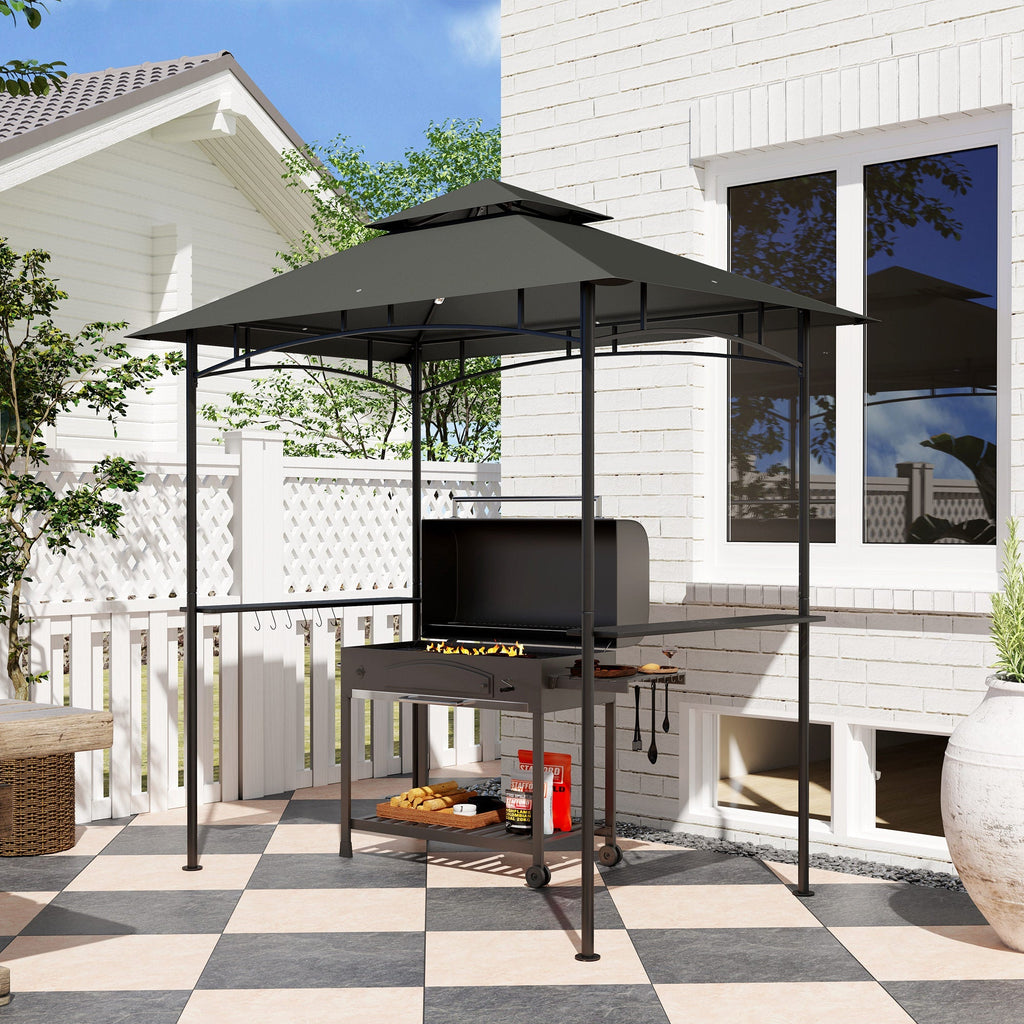 8' x 5' Grill Gazebo Canopy with LED Lights, 2 Side Shelves, Basket & Hooks for Picnic, Dark Grey