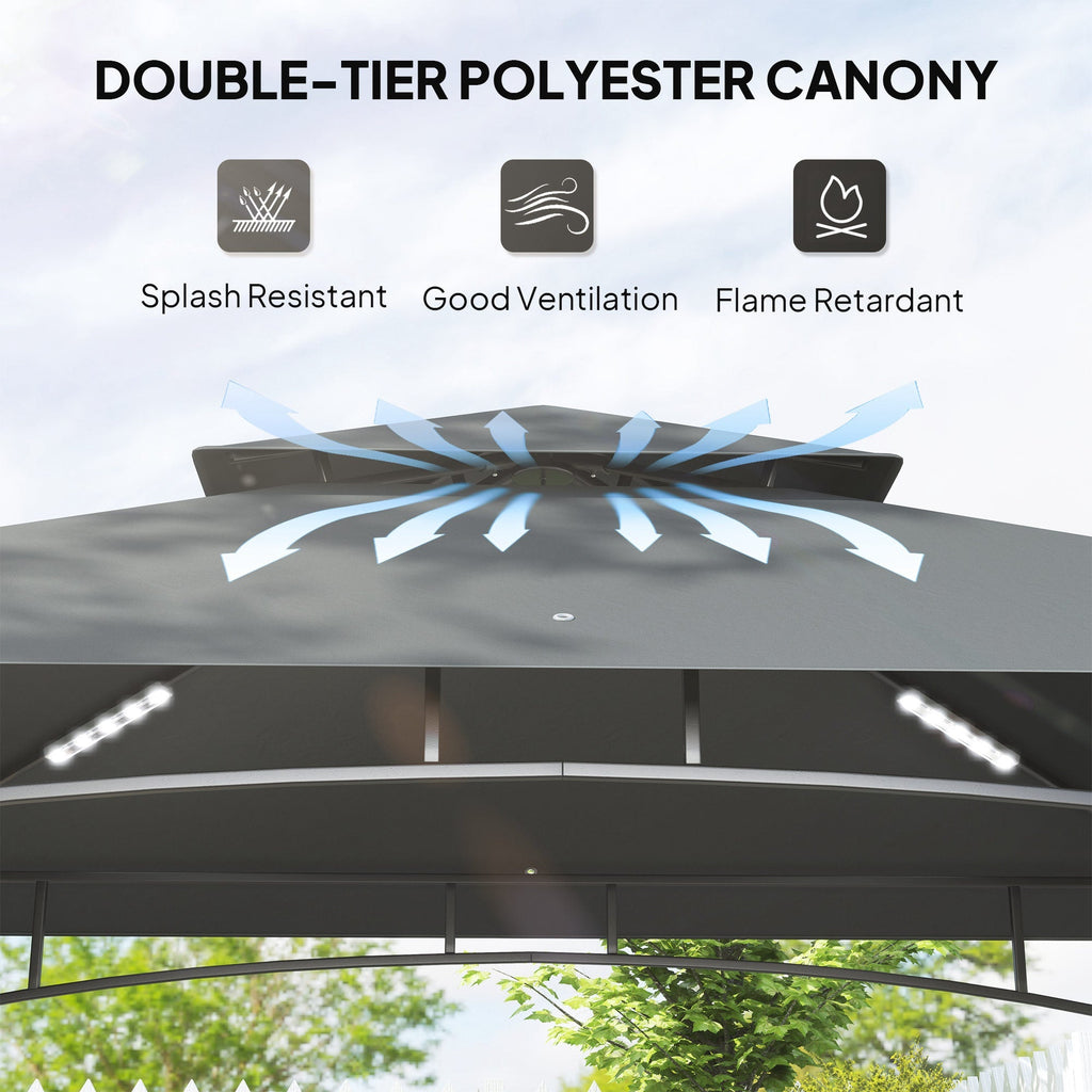 8' x 5' Grill Gazebo Canopy with LED Lights, 2 Side Shelves, Basket & Hooks for Picnic, Dark Grey