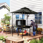 8' x 5' Grill Gazebo Canopy with LED Lights, 2 Side Shelves, Basket & Hooks for Picnic, Dark Grey