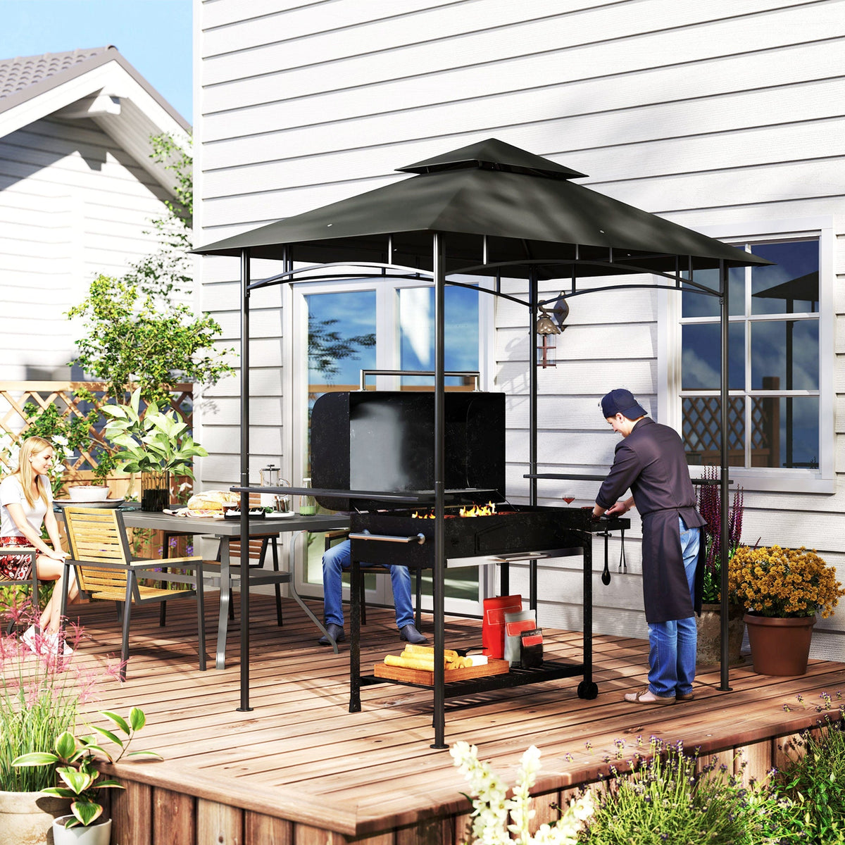 8' x 5' Grill Gazebo Canopy with LED Lights, 2 Side Shelves, Basket & Hooks for Picnic, Dark Grey