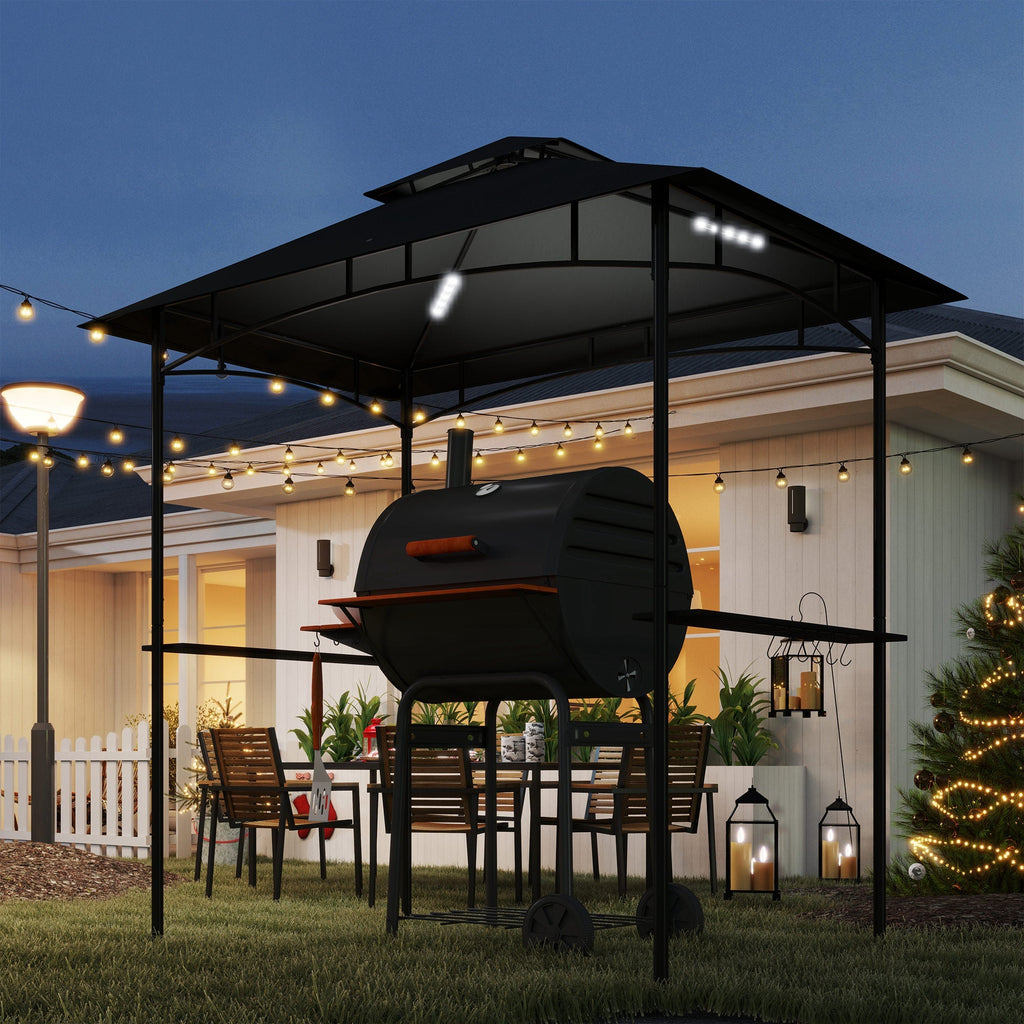 8' x 5' Grill Gazebo Canopy with LED Lights, 2 Side Shelves, Basket & Hooks for Picnic, Dark Grey