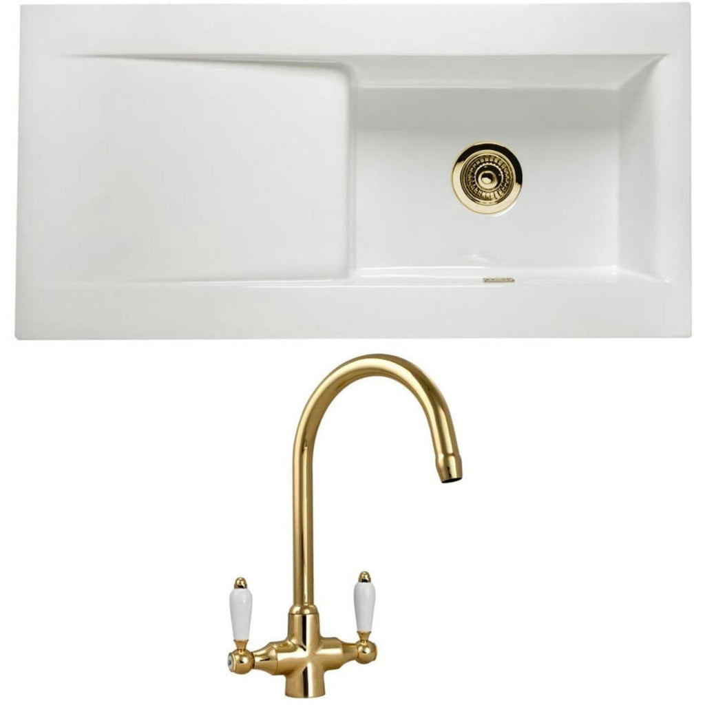 Astini Desire 100 1 Bowl White Ceramic Kitchen Sink with Waste & Colonial Tap