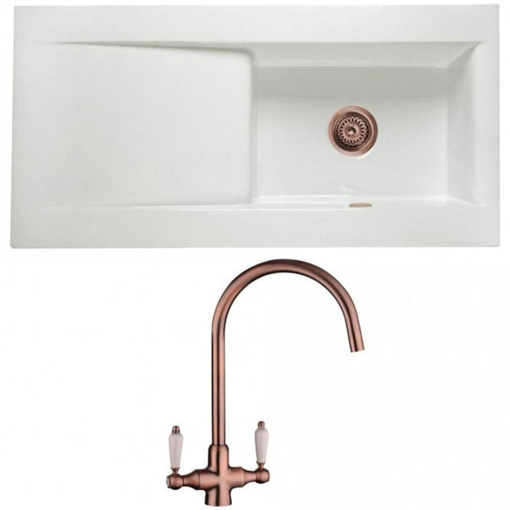 Astini Desire 100 1 Bowl White Ceramic Kitchen Sink with Waste & Colonial Tap