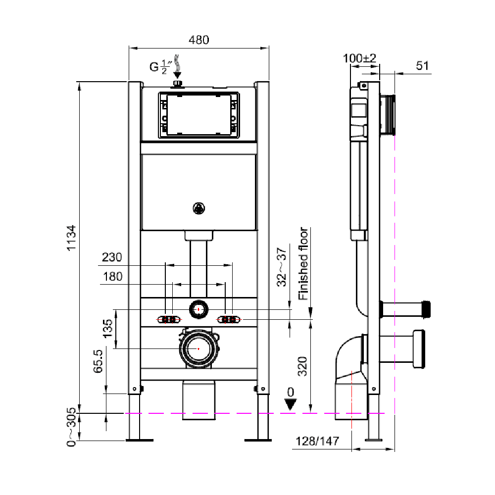 Astini Concealed Cistern & Toilet Frame for Wall Hung Toilets with Chrome Flush Plate