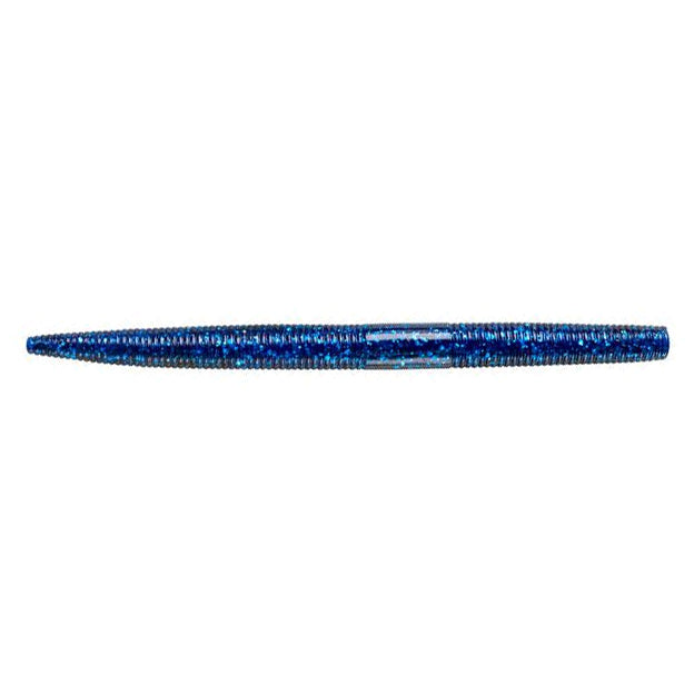 Yum Dinger Worm 6" fishing lure in a shiny blue color with black flecks, designed for freshwater fishing and effective for catching musky and other game fish.
