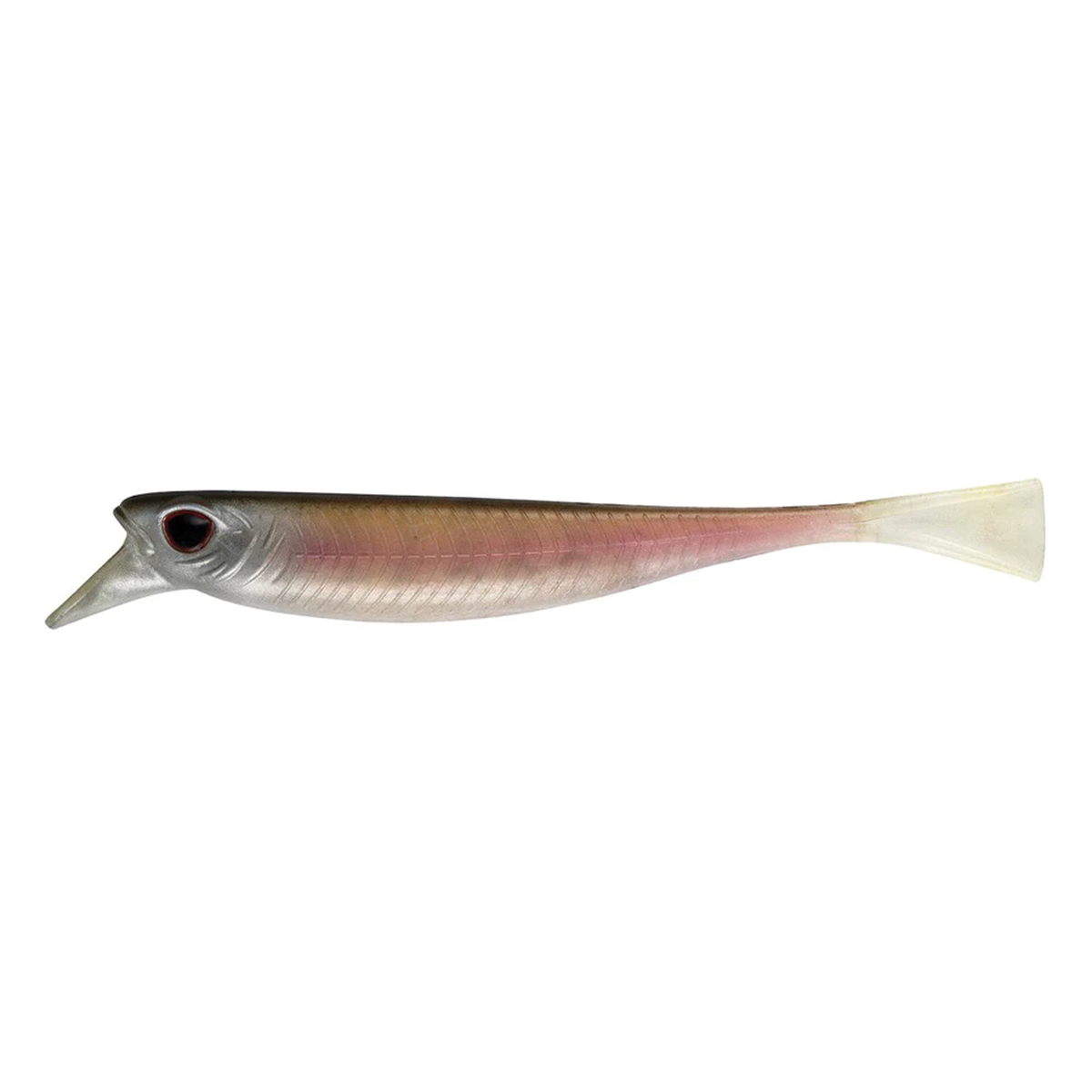 Nomad Design Delta Minnow fishing lure with a slender, realistic fish shape, silver and pink coloring, large black eye, and translucent paddle tail for lifelike movement in water.