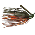 VMC Utility Jig fishing lure with olive green and orange silicone skirt, tungsten head, weed guard, and single hook designed for freshwater fishing tackle.