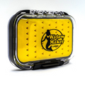 Widow Maker Ice Jig Boxes fishing tackle storage case with a clear lid, yellow foam interior designed to securely hold ice jigs for convenient organization and transport.