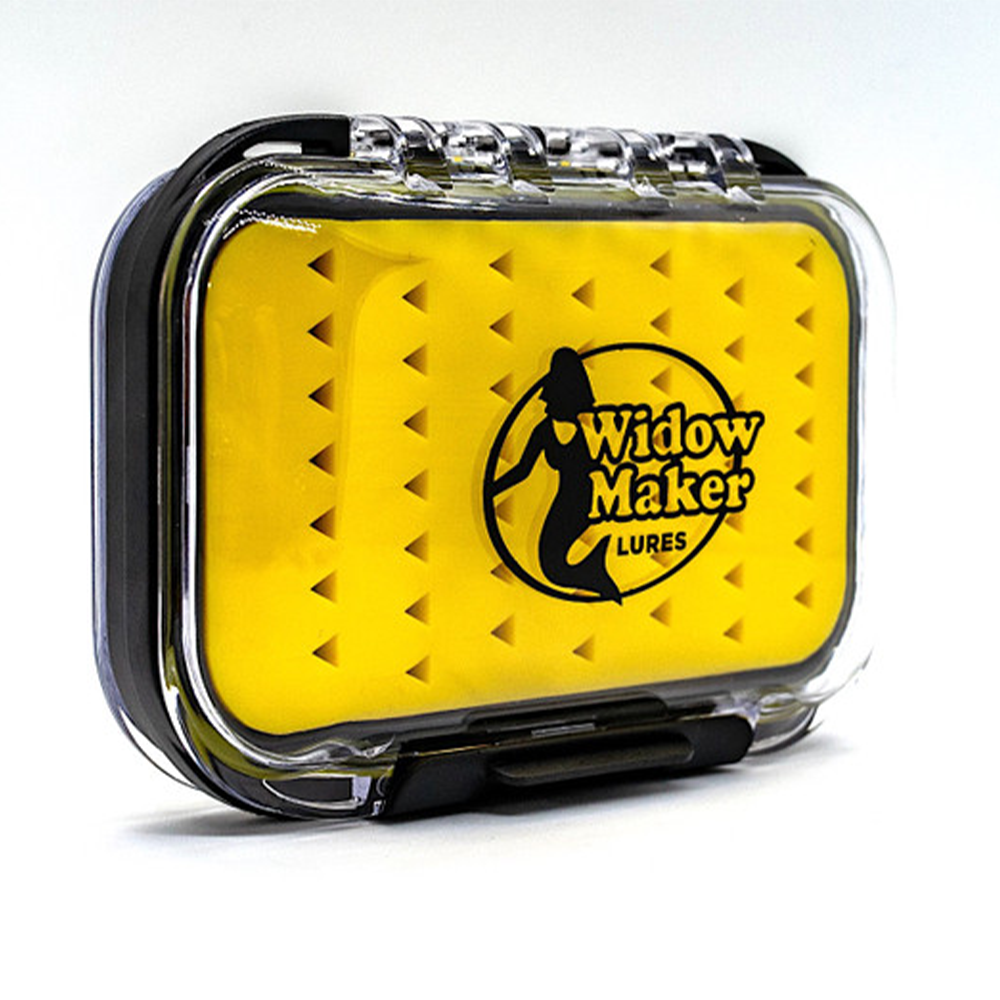 Widow Maker Ice Jig Boxes fishing tackle storage case with a clear lid, yellow foam interior designed to securely hold ice jigs for convenient organization and transport.