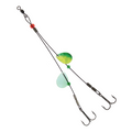 JB Lures Big Gamefish Rigs featuring dual fishing hooks with green and yellow spinner blades attached to black wire leaders, designed for effective fishing tackle use.