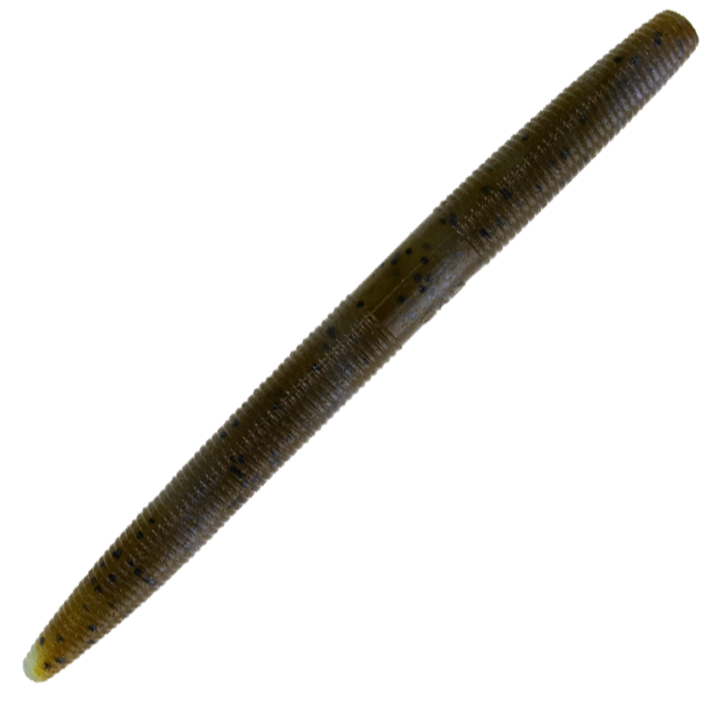 Yamamoto Fat Senko soft plastic fishing lure in a brownish-green color with ribbed texture and small black flecks, designed for freshwater fishing tackle.