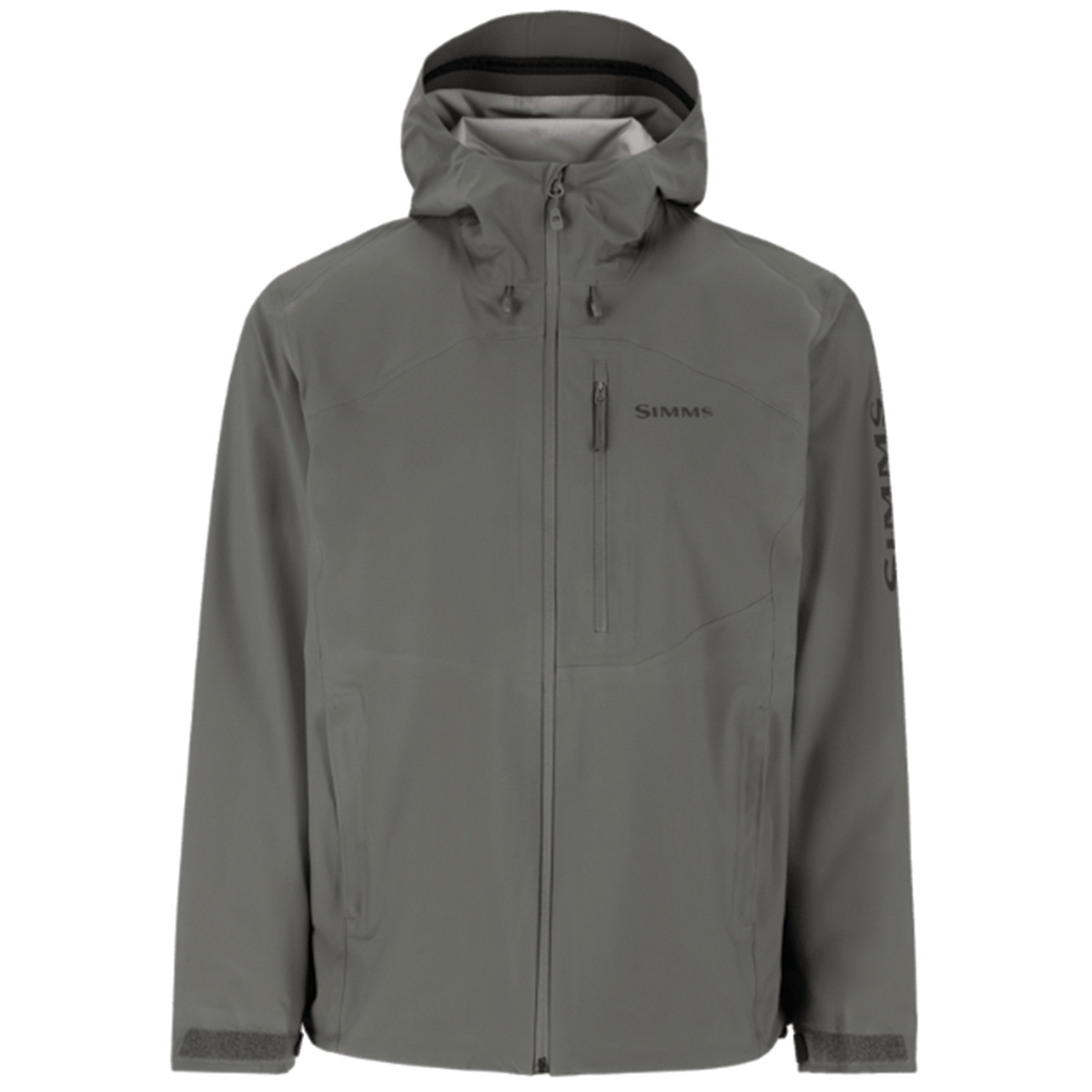 Simms Vapor Elite Jacket - Men's in gray with a high collar, adjustable hood, chest pocket with zipper, and full front zipper designed for outdoor fishing activities.