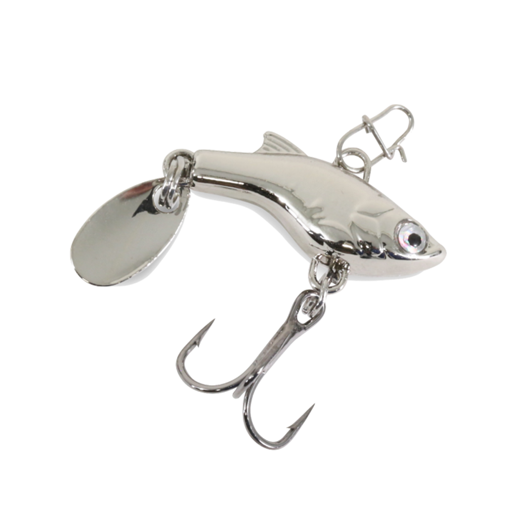 Clam Tikka Flash silver fishing lure shaped like a small fish with a spinning blade tail and sharp treble hook for attracting fish in freshwater or saltwater fishing.