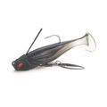 Raid Head Swimmer Libero fishing lure in black and silver with a paddle tail, single hook, and attached spinner blade designed for musky and freshwater fishing tackle.