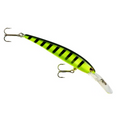 Bandit B-Shad fishing lure in bright green with black stripes, featuring two metal treble hooks and a clear diving lip for attracting musky and other game fish.