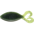 Hideup Stagger Wide Twintail soft fishing lure in green and yellow with black speckles, featuring a ribbed body and two flexible curly tails for lifelike underwater movement.