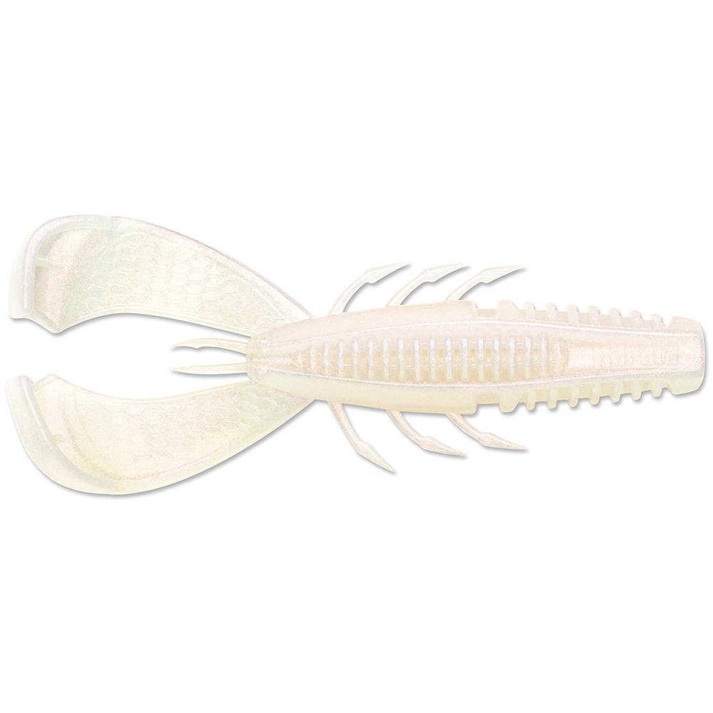 Rapala CrushCity Cleanup Craw soft plastic fishing lure in a translucent pearly white color, designed with twin flat claws and textured body for lifelike movement to attract fish.