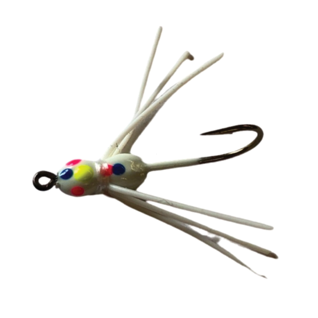 JB Lures Tungsten Ant Jig fishing lure featuring a white body with colorful spots and flexible legs, designed for effective fishing tackle use.