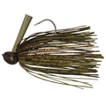 Big Bite McMoney Jig fishing lure featuring a detailed olive and copper color skirt, sharp hook, and weed guard designed for musky and freshwater fishing tackle.