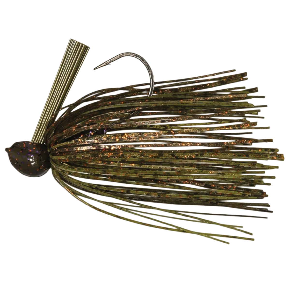 Big Bite McMoney Jig fishing lure featuring a detailed olive and copper color skirt, sharp hook, and weed guard designed for musky and freshwater fishing tackle.